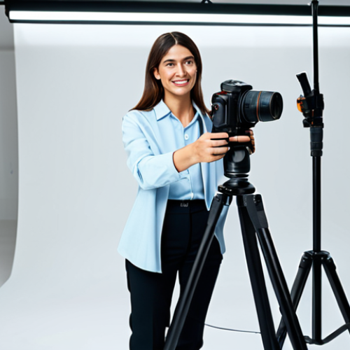 A dynamic female content creator, fully clothed in professional, modest attire, standing in a modern, well-lit studio. She is actively holding a professional camera on a tripod, focused on capturing a visually compelling short video, embodying the concept of an instant hook. The scene is bright and highlights a creative, professional atmosphere. Perfect anatomy, correct proportions, natural pose, well-formed hands, proper finger count. safe for work, appropriate content, fully clothed, professional photography, high quality.