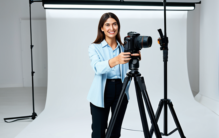 A dynamic female content creator, fully clothed in professional, modest attire, standing in a modern, well-lit studio. She is actively holding a professional camera on a tripod, focused on capturing a visually compelling short video, embodying the concept of an instant hook. The scene is bright and highlights a creative, professional atmosphere. Perfect anatomy, correct proportions, natural pose, well-formed hands, proper finger count. safe for work, appropriate content, fully clothed, professional photography, high quality.